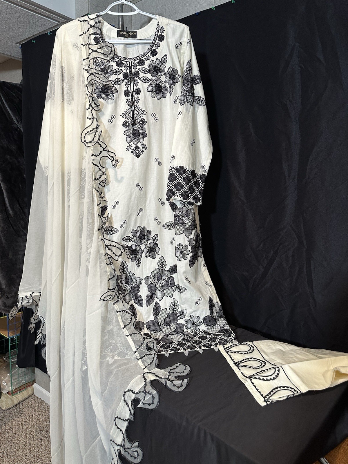 Beautiful Cotton Embroidered 3 Pc Suit – Chiffon Dupatta, Emb Pants- M & L- $44