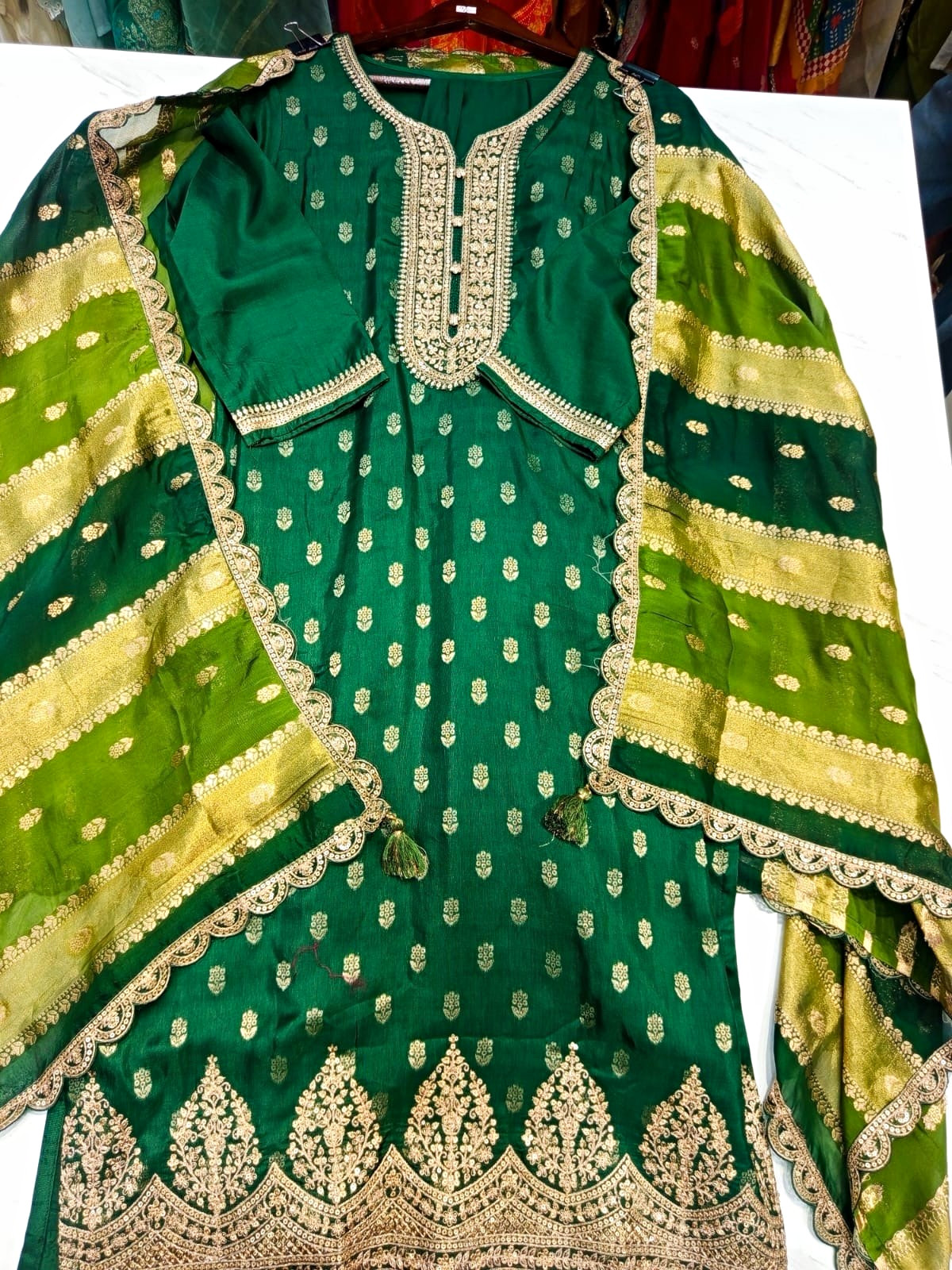 Handmade Pakistani Salwar Kameez Green Cotton Set with Matching Dupatta L