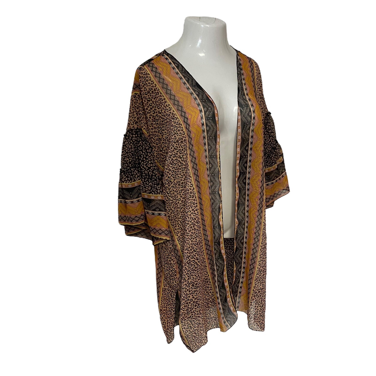 Democracy Kimono Womens Large Duster Brown Animal Ruffle Lagenlook Boho Office