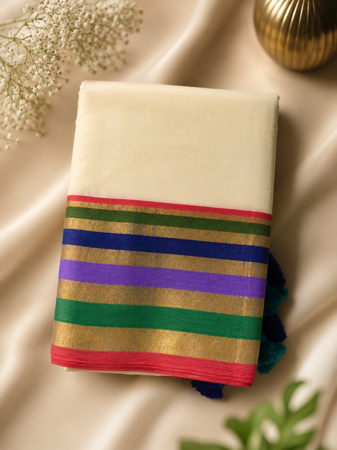 Trending KERALA SAREE Mul cotton with Multi color border💜❤️💚💛