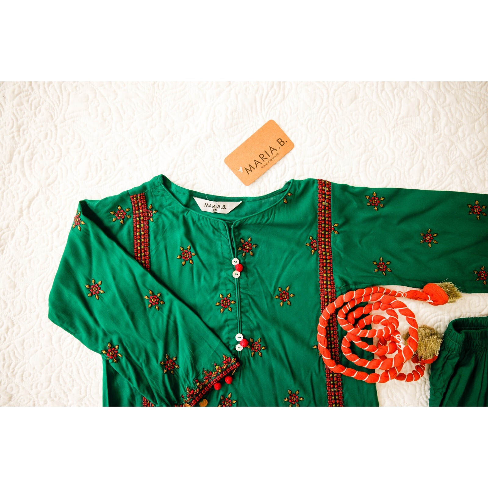 Maria B. Girls Pakistani 3 Piece Kameez Trouser Outfit, 2-4 Years, Green/Orange