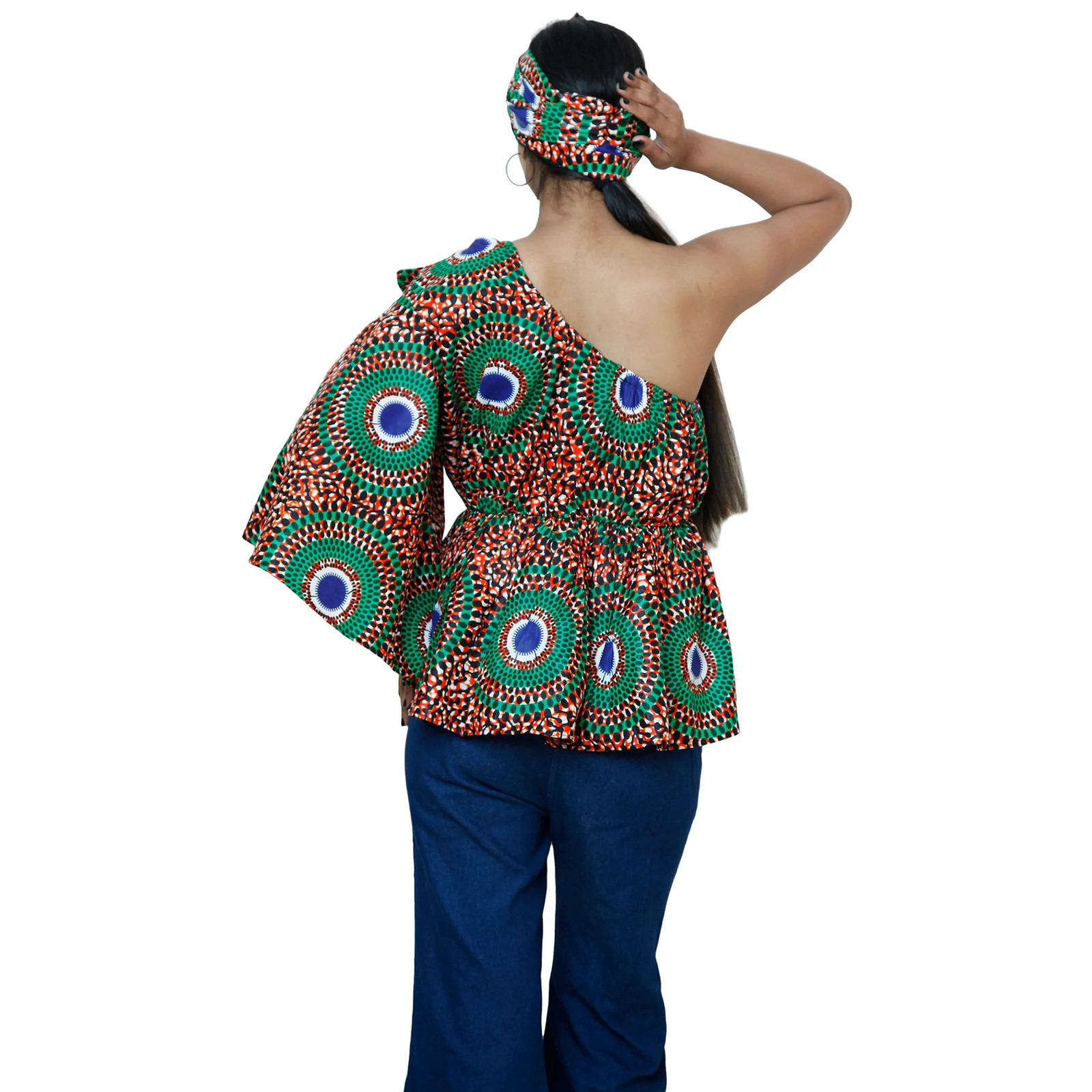 African Women’s One Shoulder Peplum Blouse with Matching Headwrap — FI-2065