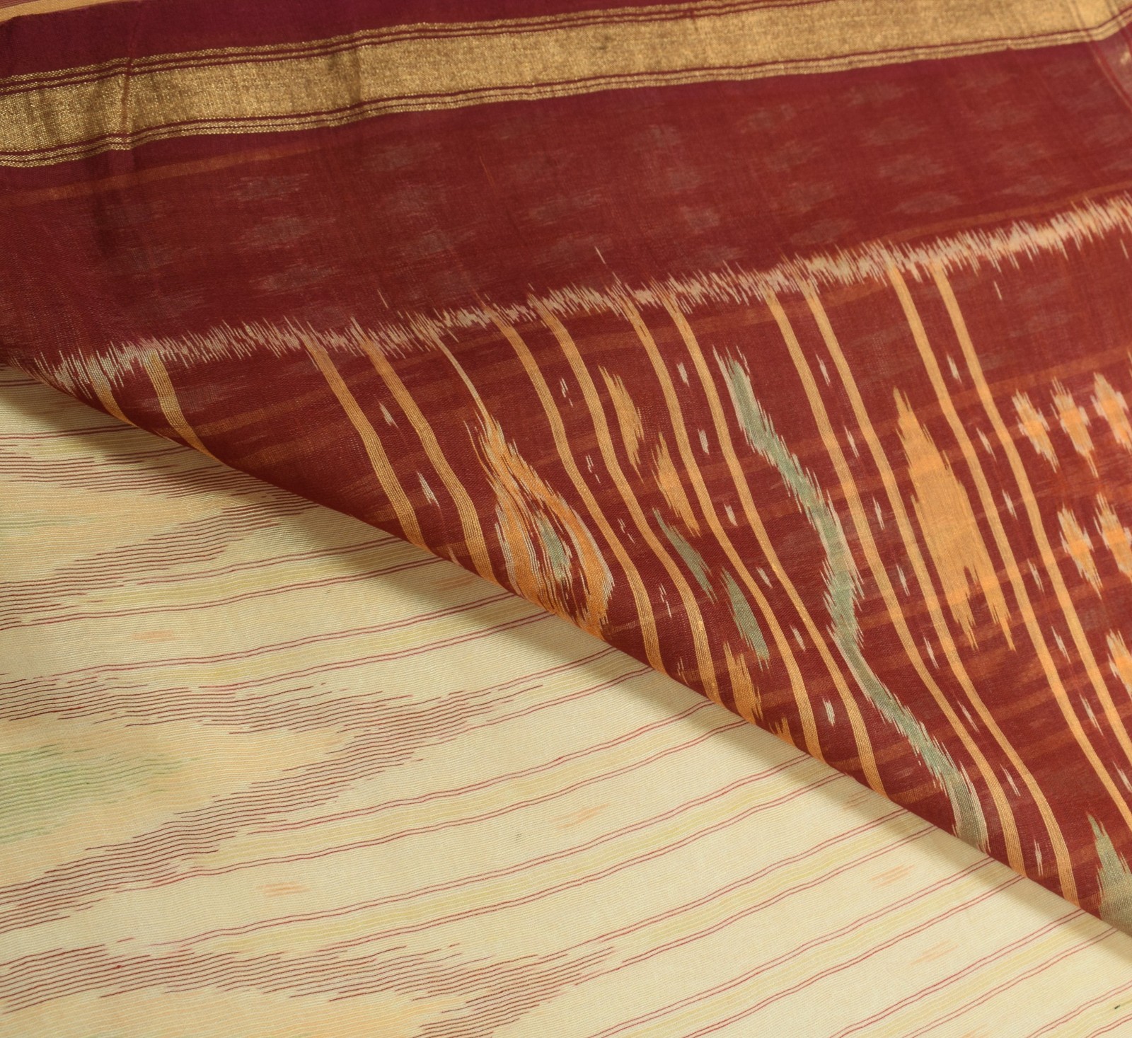 Sushila Vintage Cream Saree Pure Cotton Silk Hand Woven Ikat Patola Sari Fabric