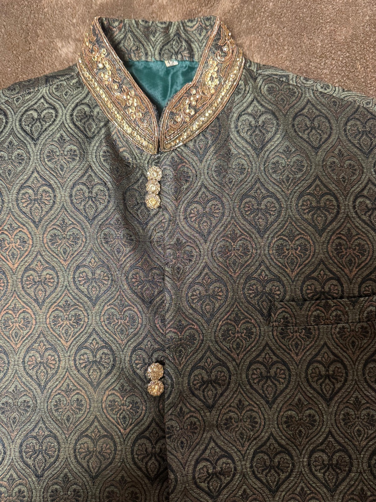 Black Silk Straight Kurta with Jamawar Vest with gold embellishments