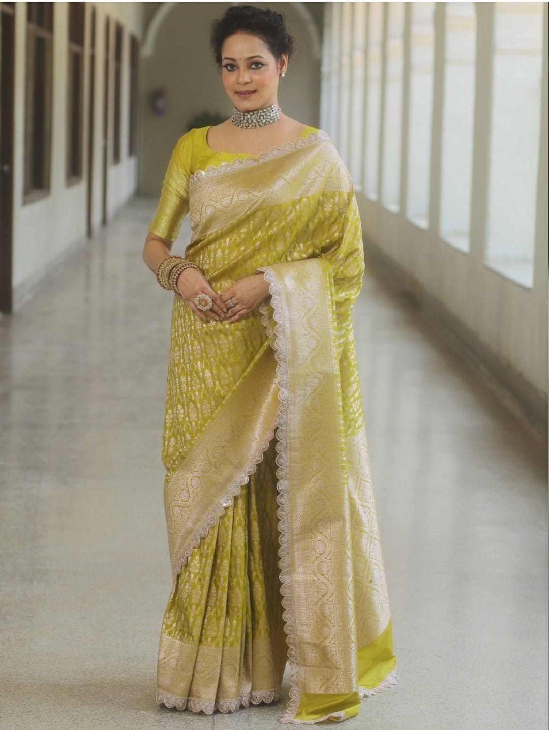 Premium Banarasi Semi Katan Saree Designer Scallop Lace Border Wedding Wear