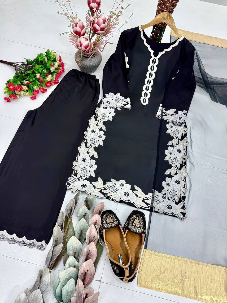 New Heavy Natural Silk Black Micro Top Palazzo With Dupatta For Functional Wear