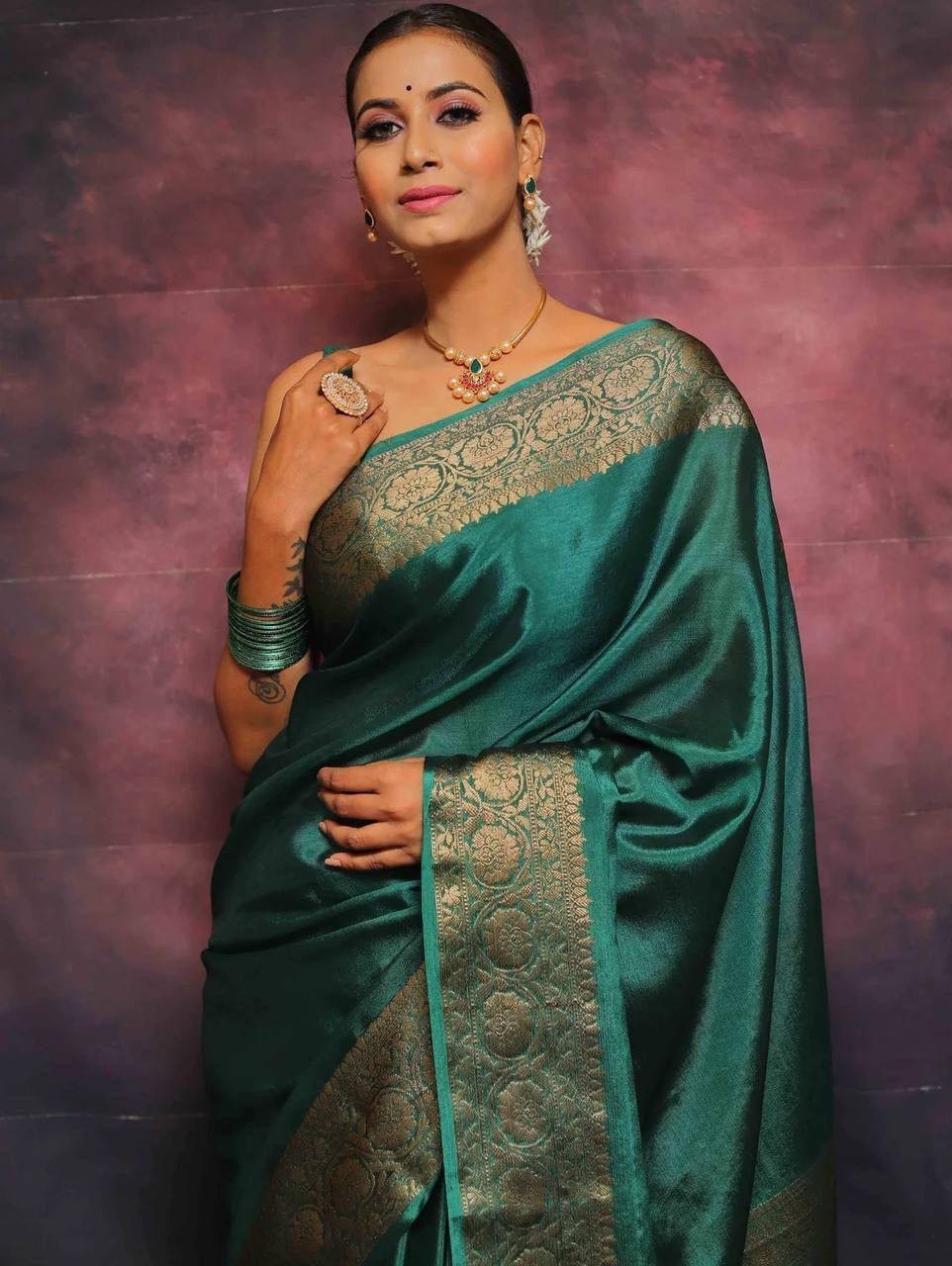 Traditional Green Lichi Silk Saree with Jacquard Zari Border and Blouse indian