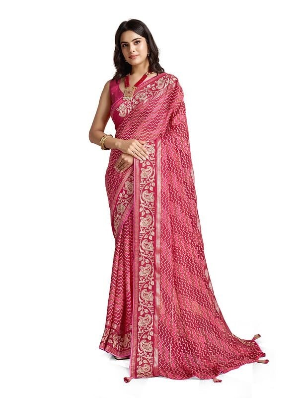 Women’s Poly Georgette Leheriya Printed Saree With Unstitched Blouse