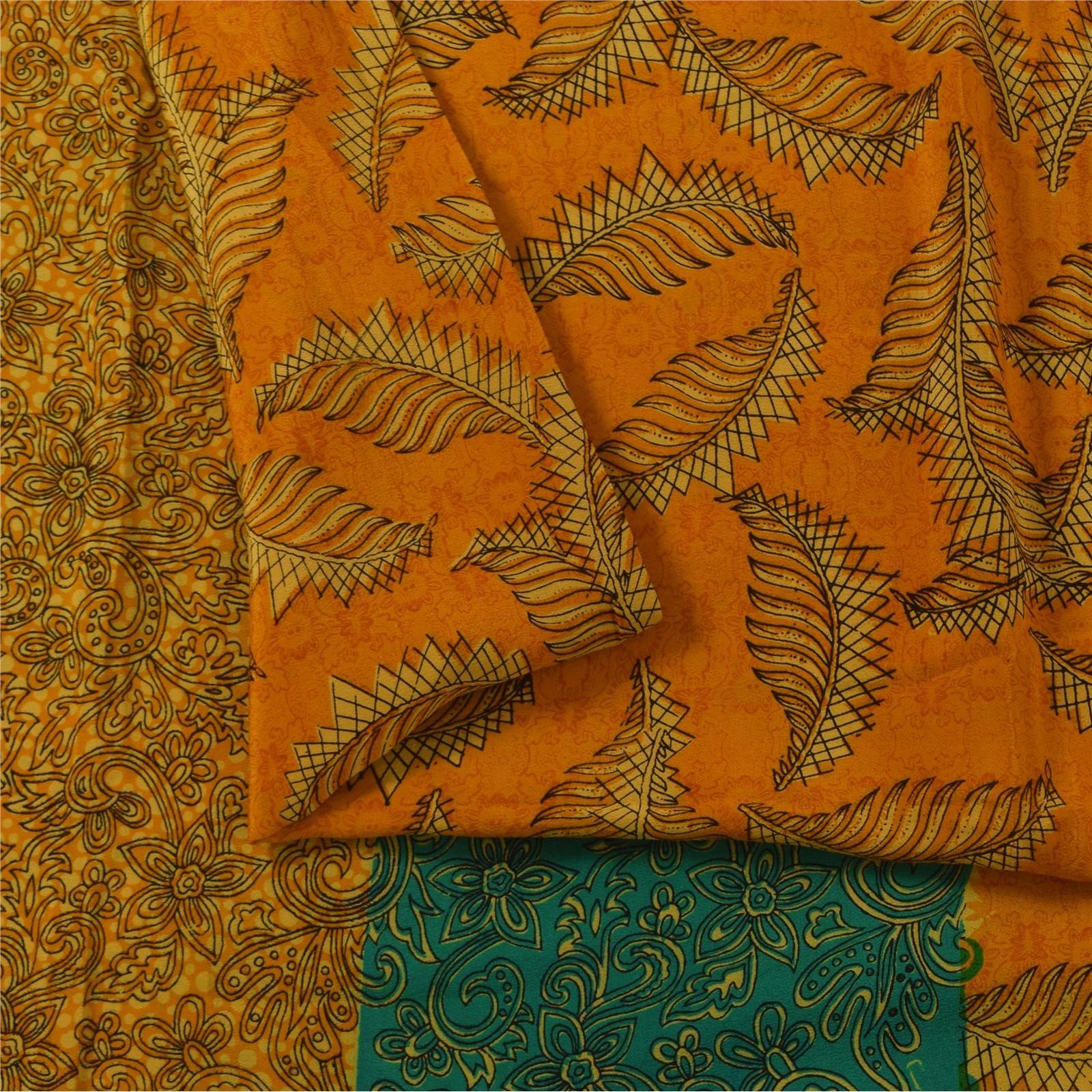 Sanskriti Vintage Sarees Yellow Pure Crepe Silk Printed Sari 5+Yd Craft Fabric