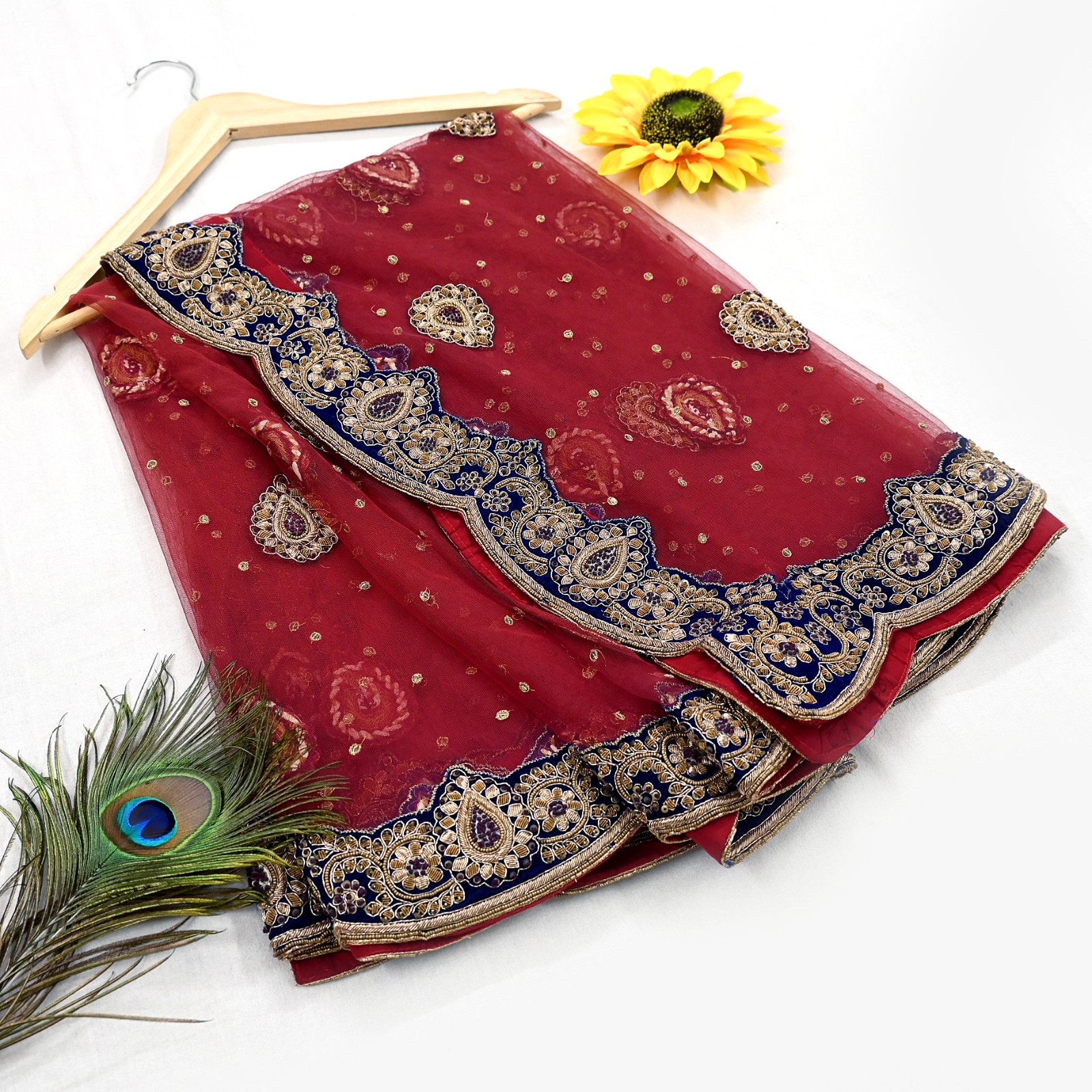 Heavy Red Raw Silk/Net Hand Embroidered Lehenga 3pcs Set By Designer Sabyasachi