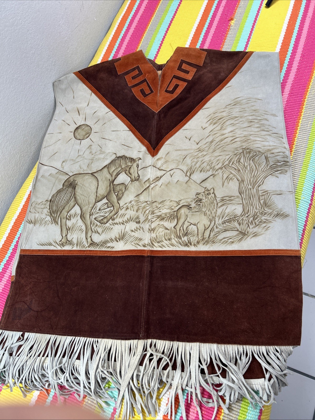 Authentic Leather Wool Handmade Fringe Satin Poncho Wildlife Animal Mexico Made
