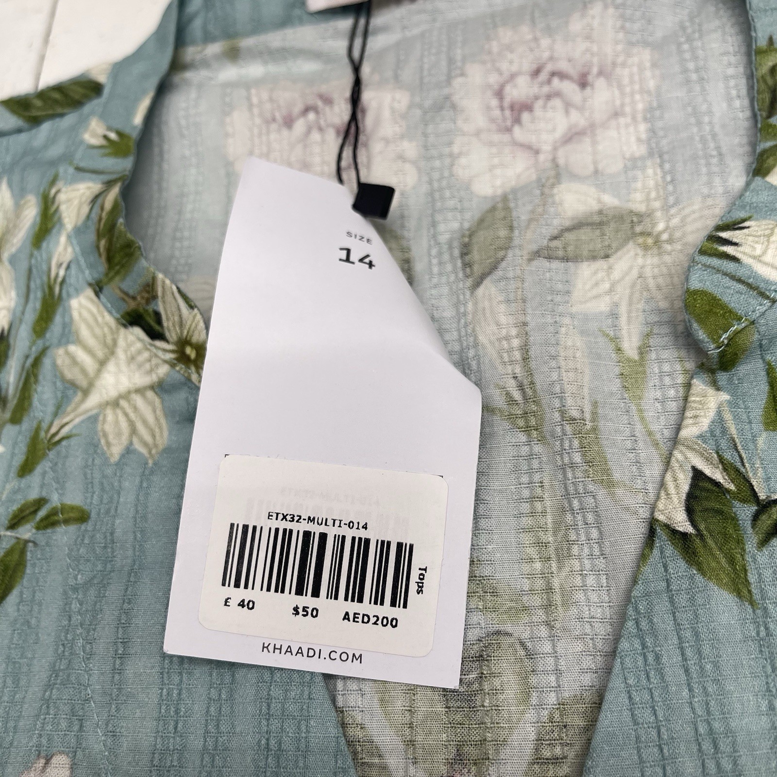 Khaadi Blue Floral Ripple Waves Printed V Neck Kurta Women’s Size 14 New $50