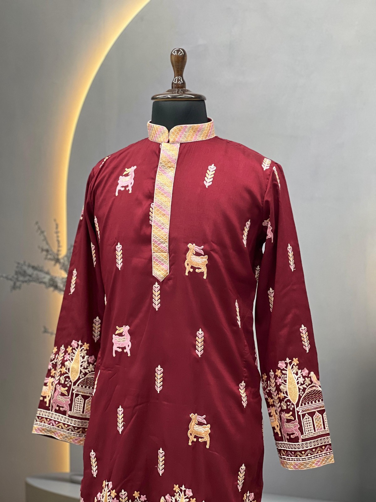 Men’s Maroon Embroidered Kurta Indian Wedding Party Wear Designer Ethnic Outfit