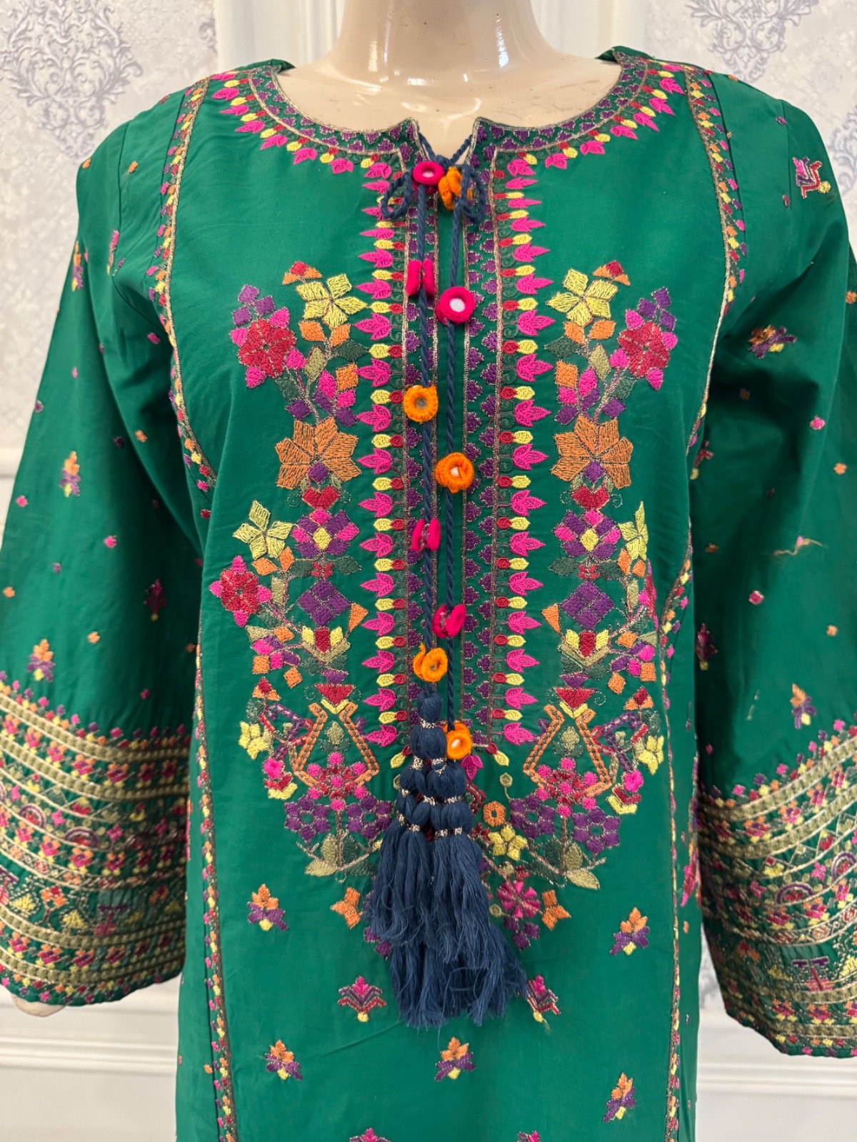 Pakistani Green & Blu luxury cotton/Lawn A-line Shirt 3PCS embroidered dress ,L