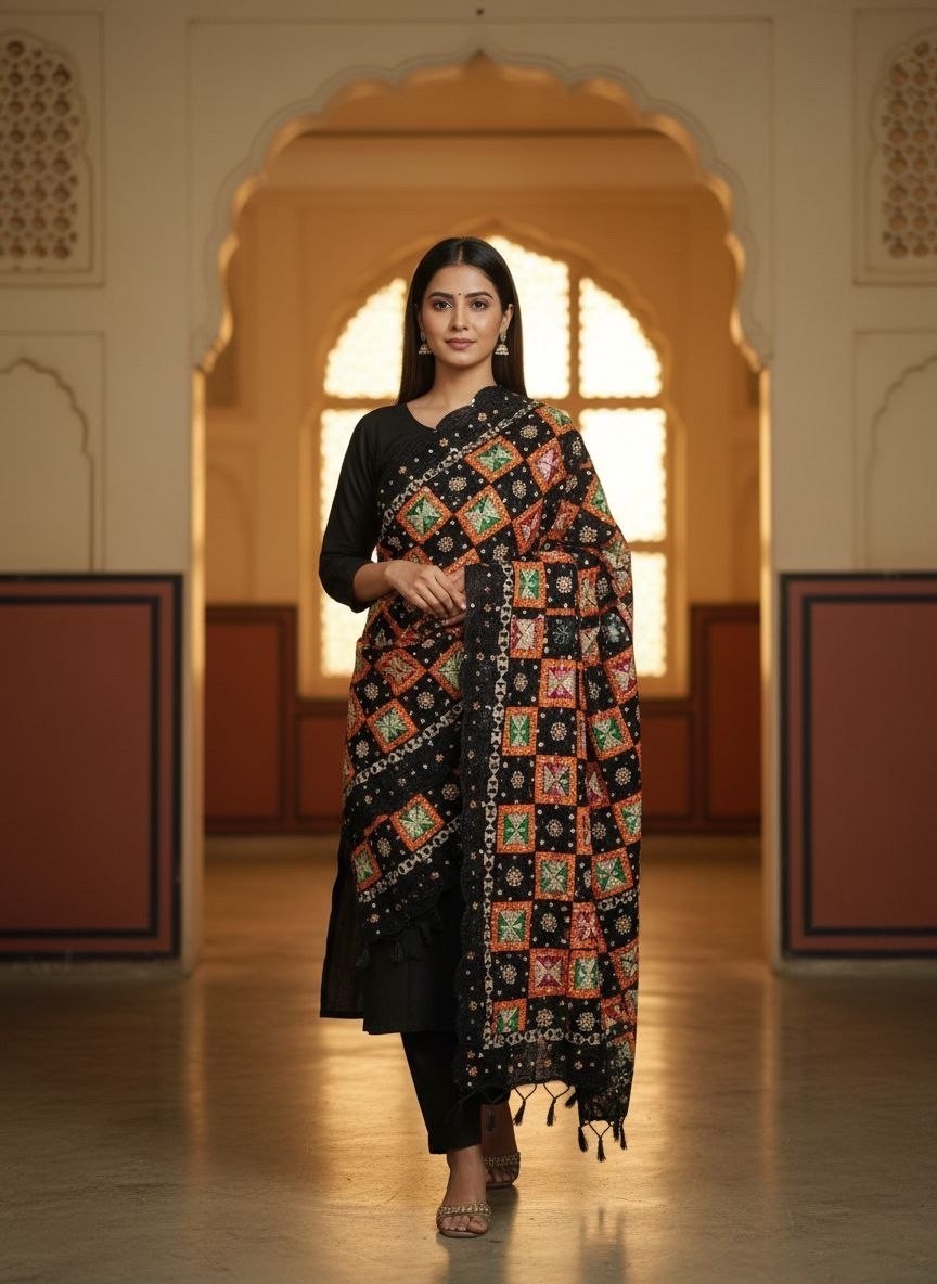 Warm Worth Chinon Dupatta Antique Bagh Phulkari Embroidery for Womens & Girls