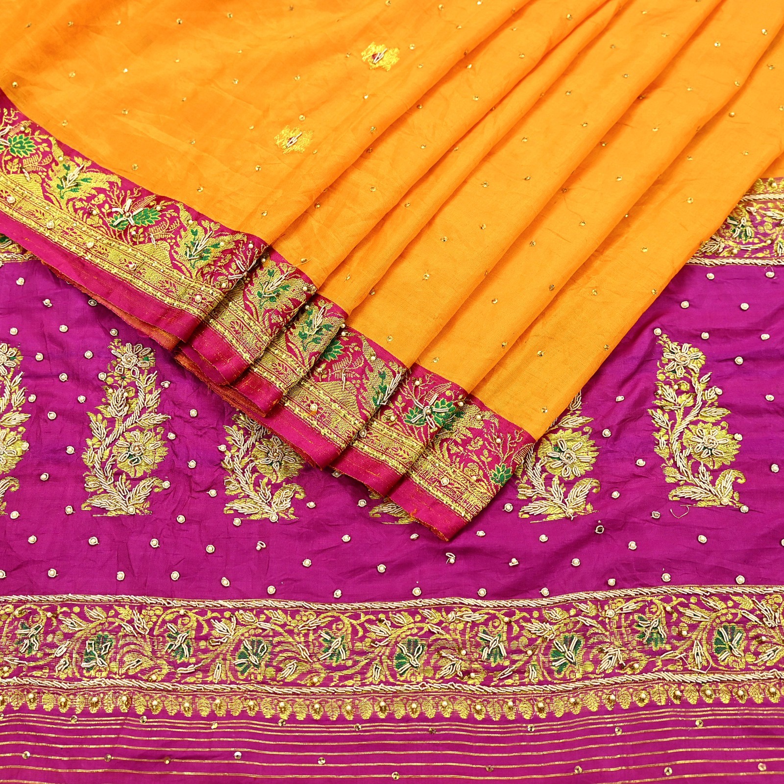 Vintage Heavy Banarasi Sari 5 Yards Pure Satin Silk Hand-Embroidered Zari Ethnic