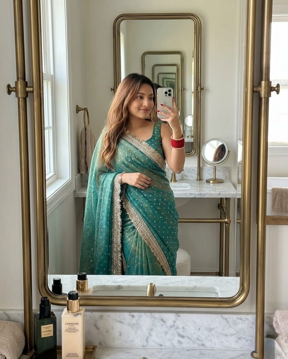 Shimmer Organza Silk Saree Heavy Golden Fringe Border Party Wear Sari Women Silk