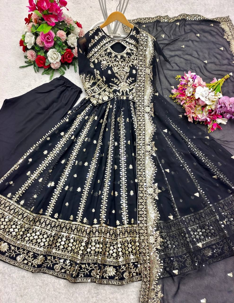 Indian Style Black Faux Georgette Salwar Kameez With Dupatta For Women