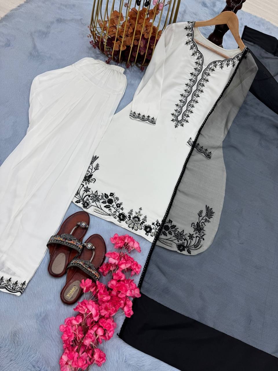 New Style Natural Crepe Farshi Palazzo Suit Set with Elegant Dupatta Handwork