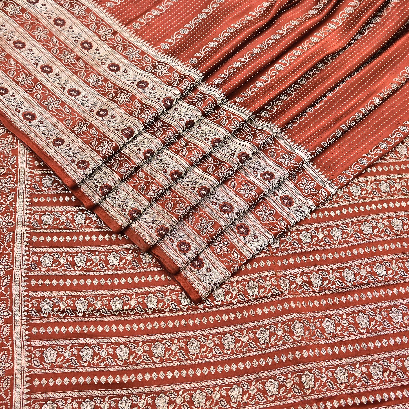 Vintage Rusty Orange Banarasi Silk Saree Pure Satin Silk Hand woven Brocade Sari