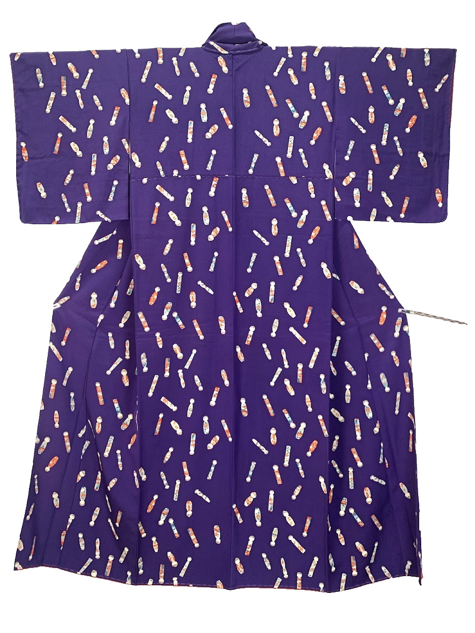 Vintage Komon Kimono Japan Silk Chirimen Yuzen Katazome Royal Purple Yuki62cm XS