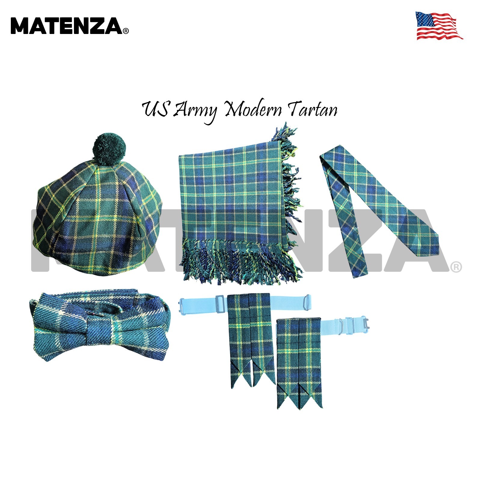 US Army Modern Tartan Scottish Kilt Accessories 5Pc Highland Wear Set