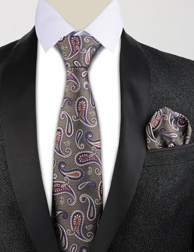 Mens Colorful Paisley Necktie and Pocket Square Sets 144-olive+purple