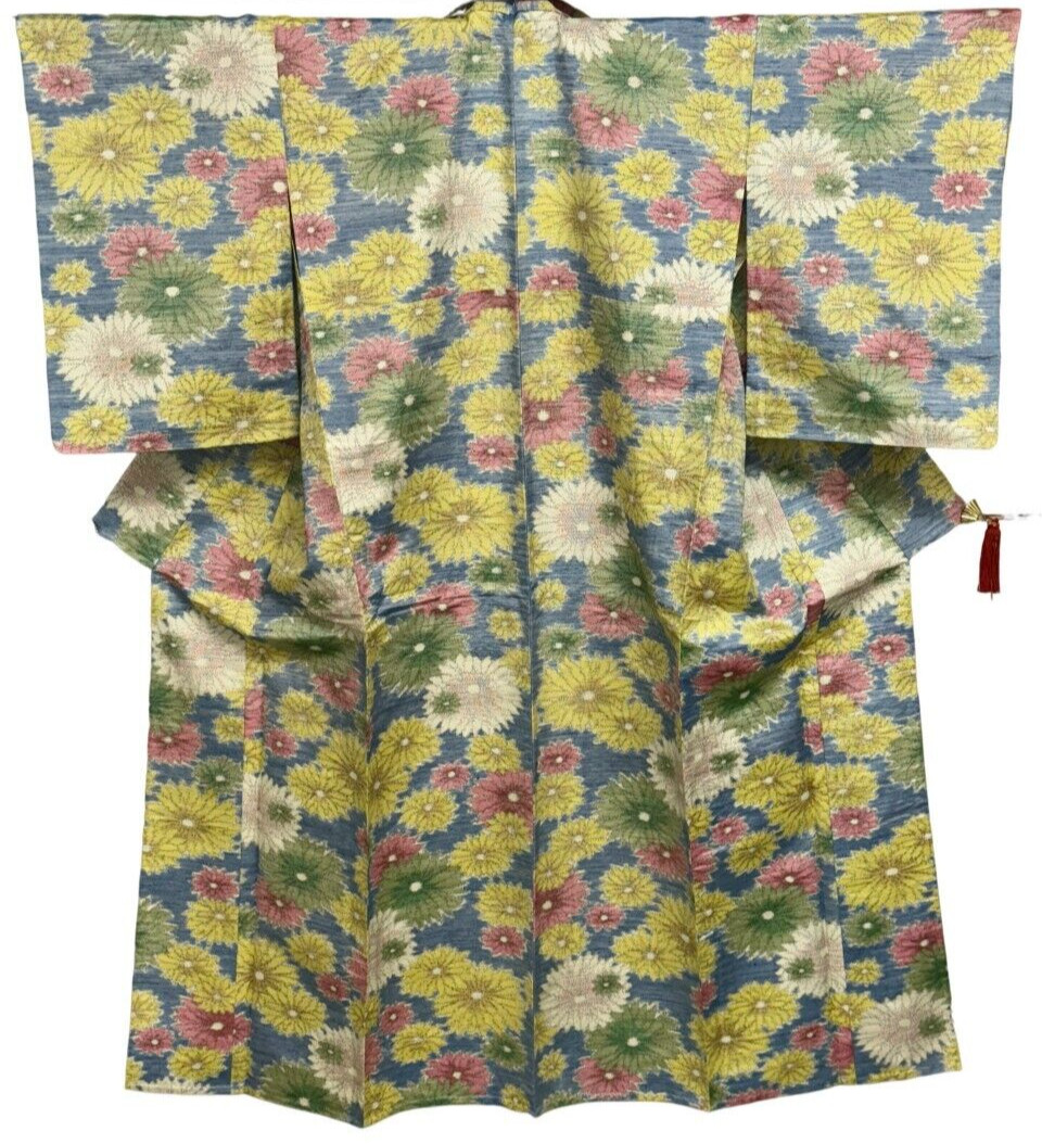 Japanese Vintage Kimono Silk light blue Tsumugi Expensive Tradition Height 62in