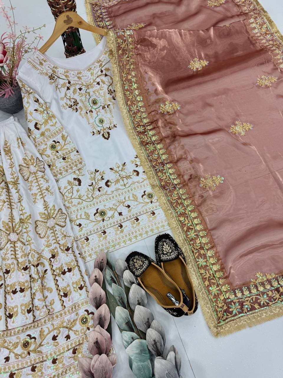 Stunning Heavy Natural Silk White Top Palazzo With Dupatta For Women & Girls