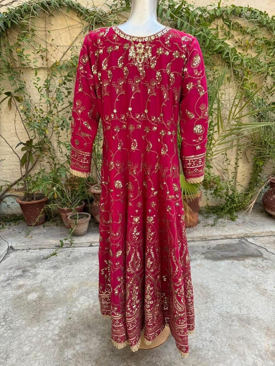 Pakistani Hot Pink Long Maxi Style Embroidered Sequins Chiffon Dress,L