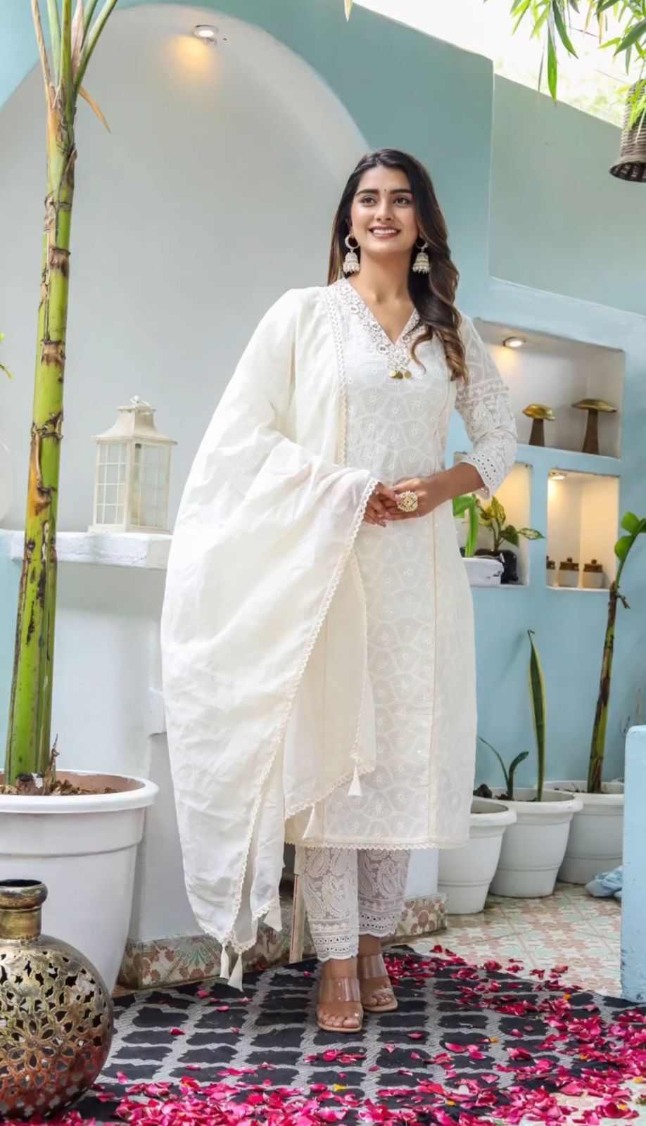 Classy White Chikankari Kurta Pant With Dupatta Set Indian Festival Wear Dresses
