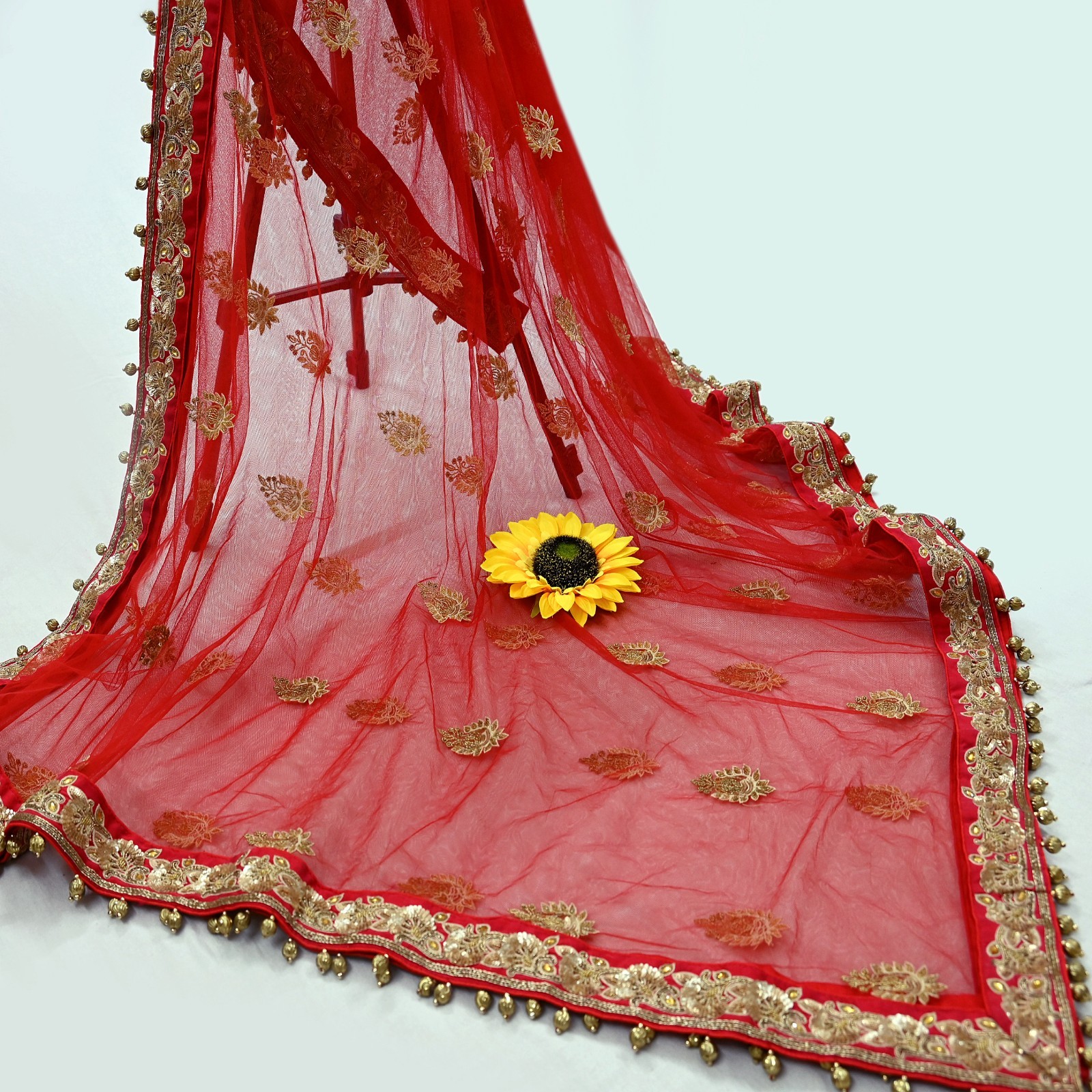 Indian Wedding Red Net/Satin Silk Hand Embroidered Designer Lehenga 3pcs set