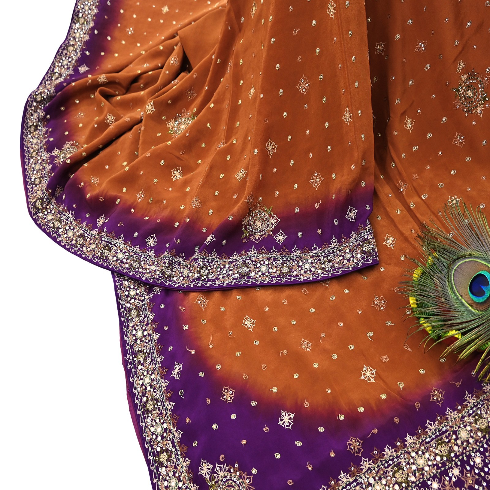 Indian Vintage Sari Purple & Mustard Pure Crepe Silk Hand Embroidered Sarees 6yd
