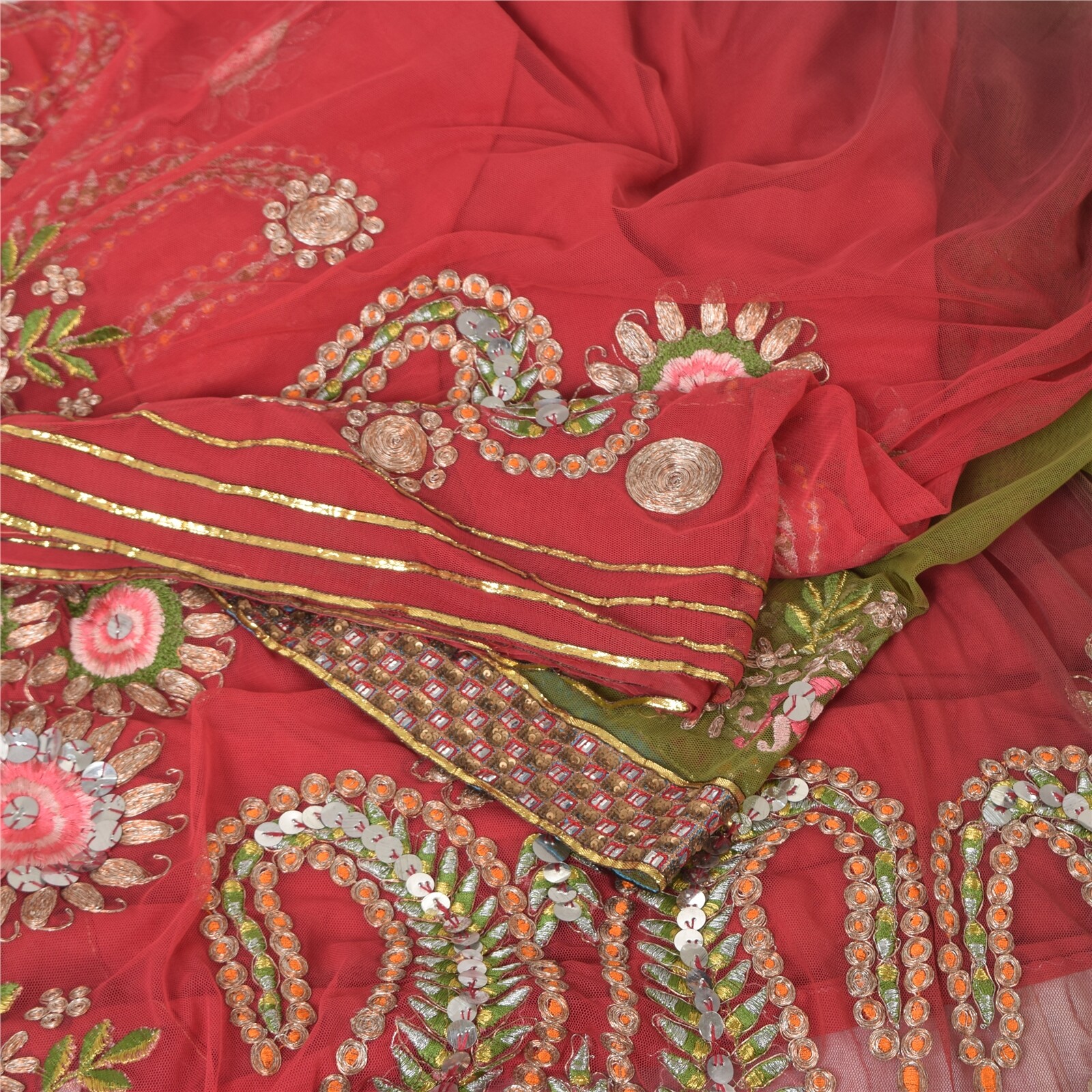 Sanskriti Vintage Dark Red/Brown Sarees Net Mesh Hand Beaded Ethnic Sari Fabric