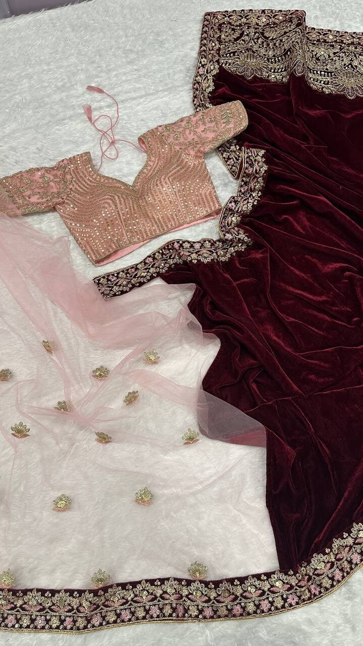 Party Wear Maroon Velvet & Net Saree With Net Blouse For Women & Girls