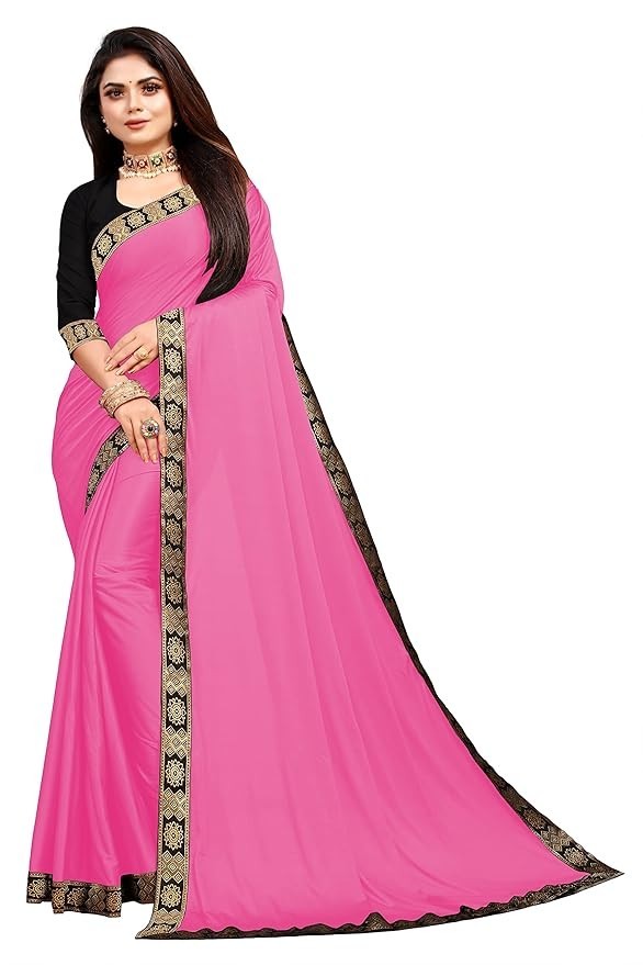 Women’s Lycra Plain Jacquard Lace Border Gorgeous Saree Blouse Piece PINK AN4