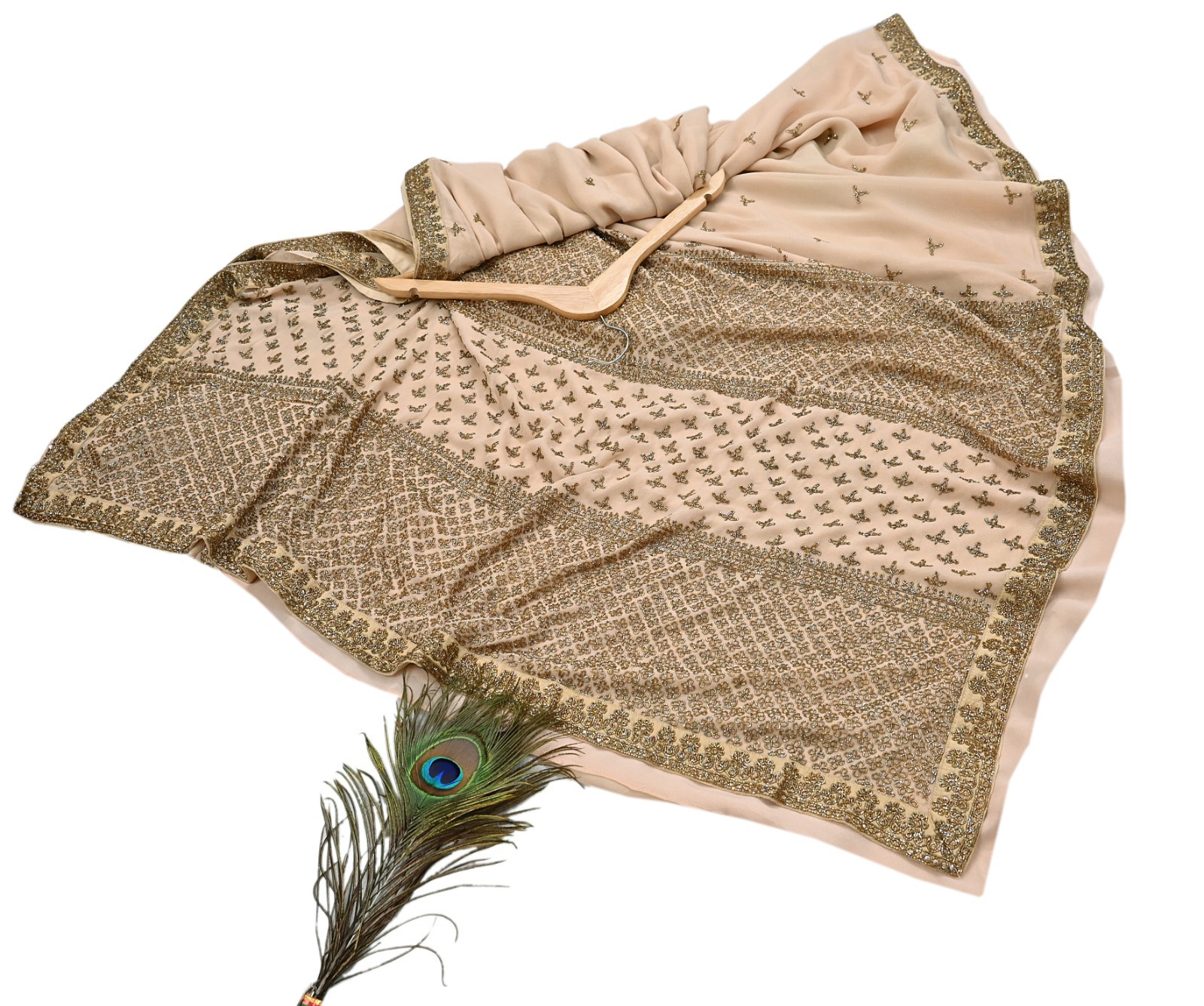 Rare Vintage Beige Georgette Silk Hand Embroidered Designer Sabyasachi Saree 6yd