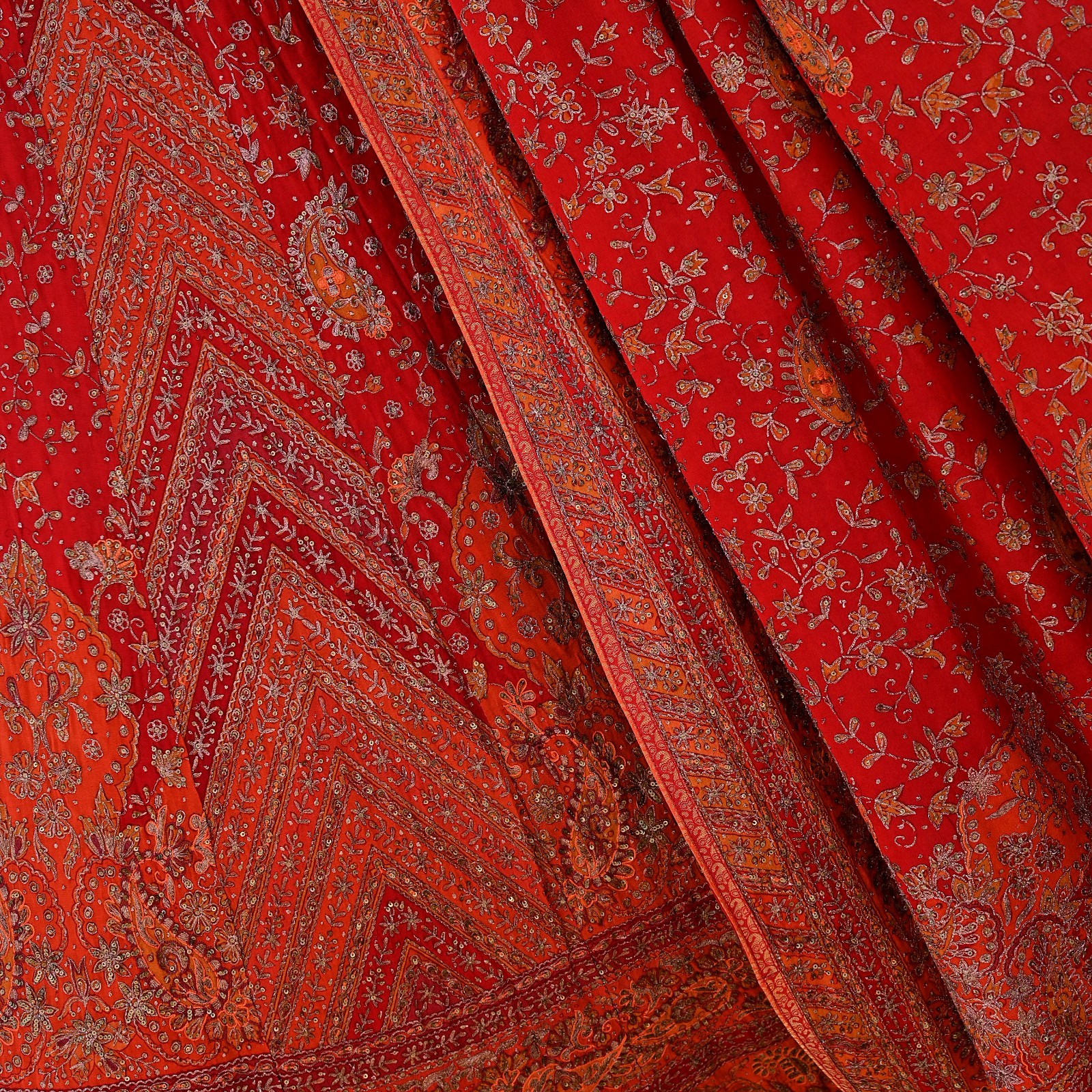 Pre-owned Orange Pure Silk Hand Embroidered Ritu Kumar Designer Lehenga 3pcs set