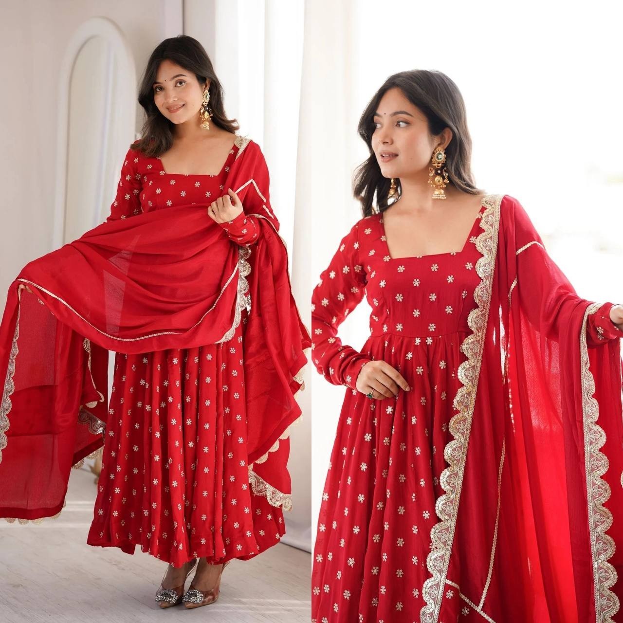 Presenting New Red Chinon Silk Anarkali Suit With Dupatta For Wedding