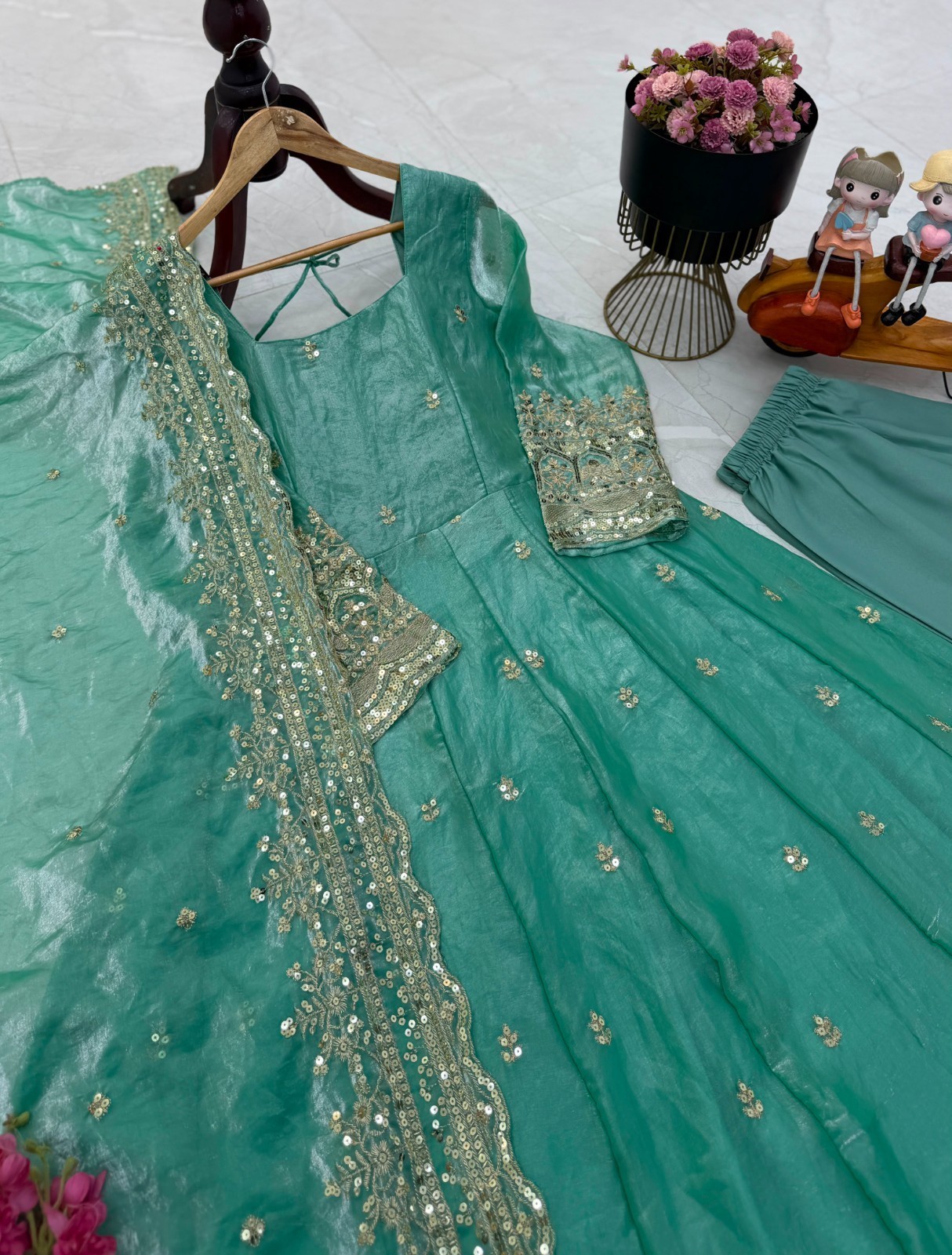 Sky Blue Fendy Silk Ready Made Designer Embroidered Anarkali Suit Party Wear XXL