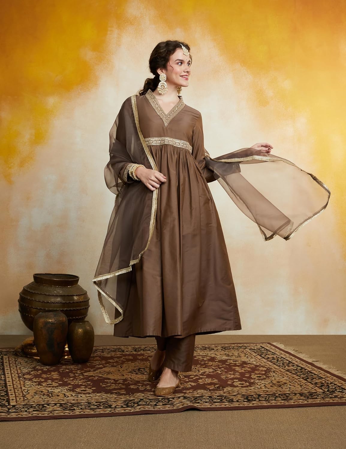 Women’s Embroidered Anarkali Kurta Set with Organza Dupatta
