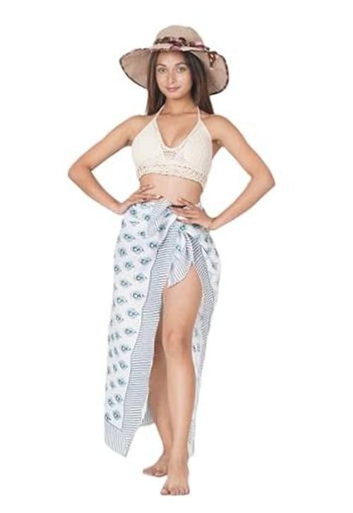 Women’s Cotton Sarong Pareo Wrap One Size 73 Inch X 45 Inch Aqua Blue & White