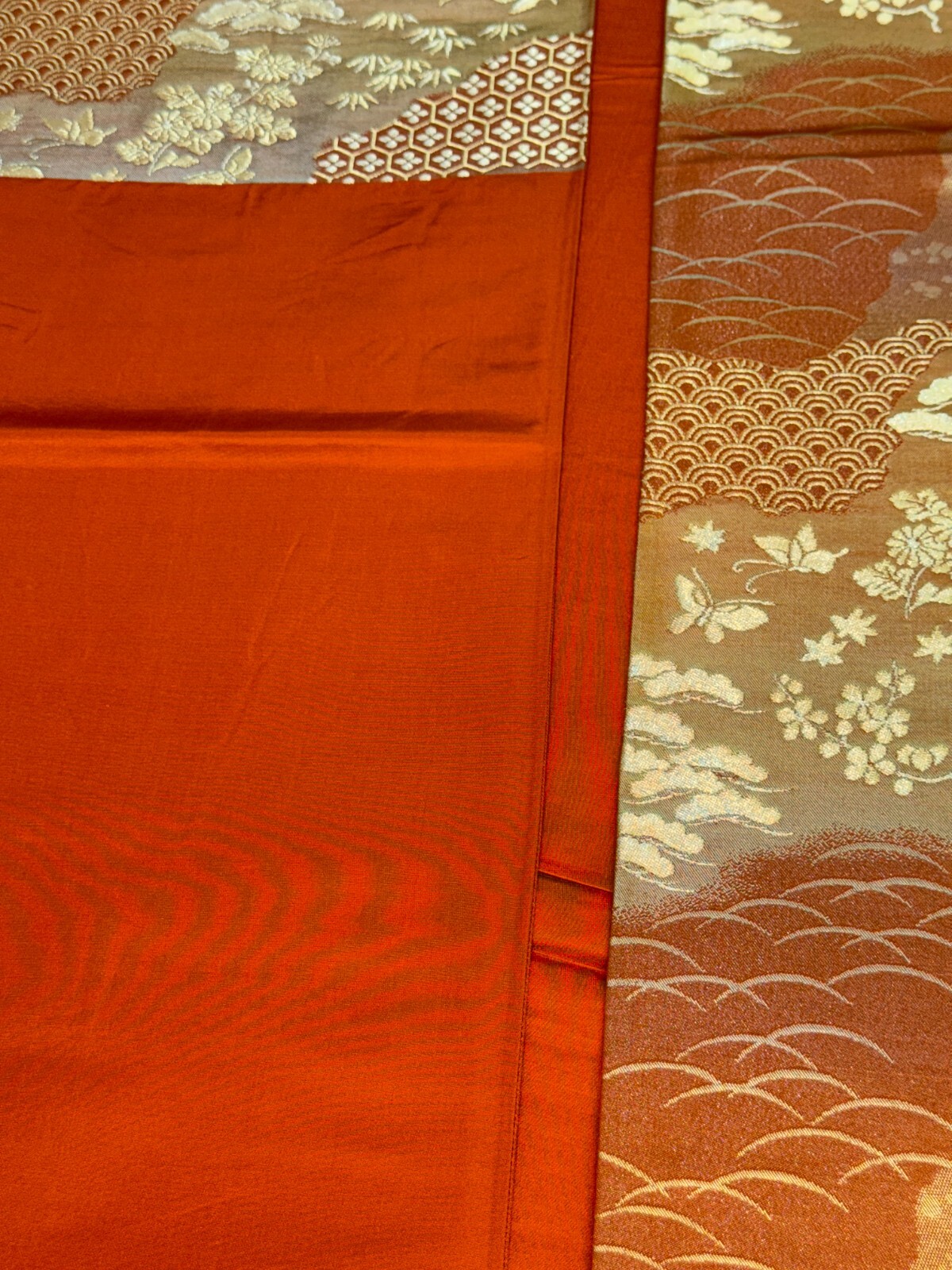 Japanese Vintage Kimono Fukuro Obi silk brown expensive embroidery 167.7×12.2in