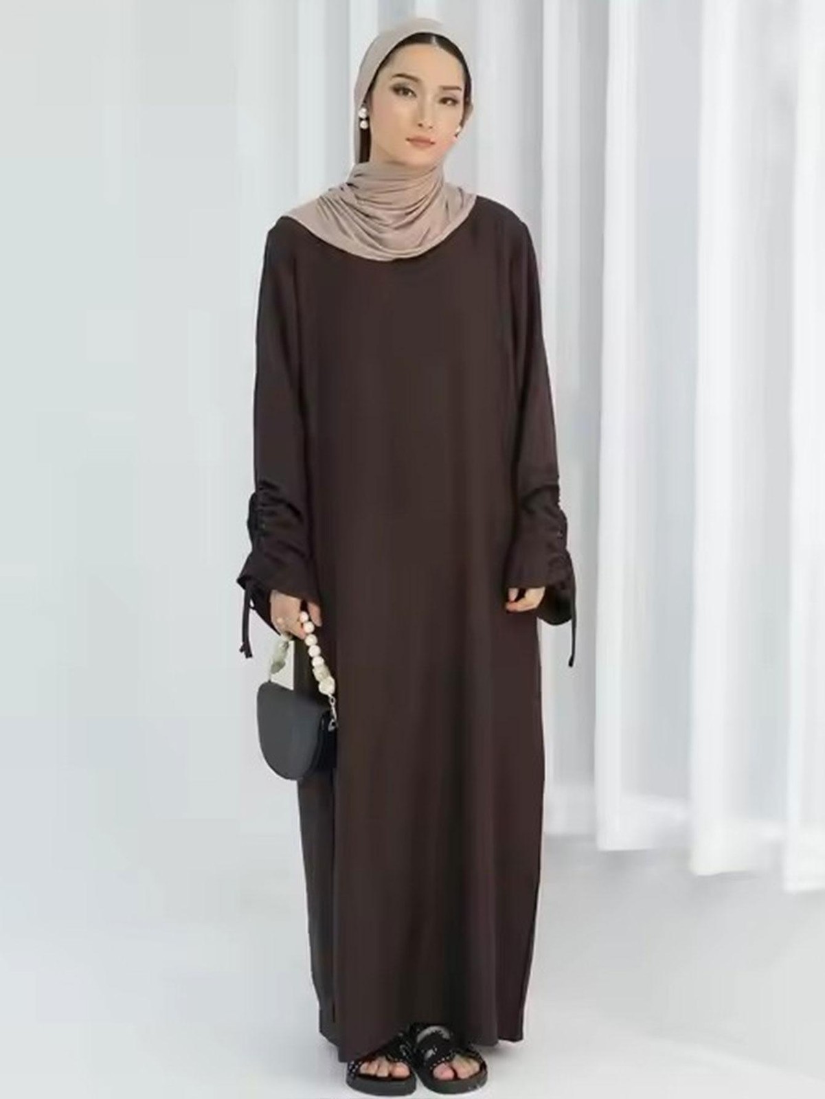 Eid Muslim Abaya Dress Lace Up Sleeve Modest Kaftan Robe for Ramadan Prayer