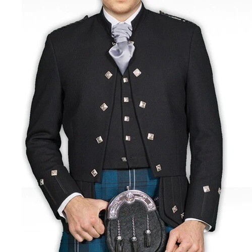 Handmade Men’s Doublet Kilt Jacket Black Wool Sheriffmuir Jacket With Vest