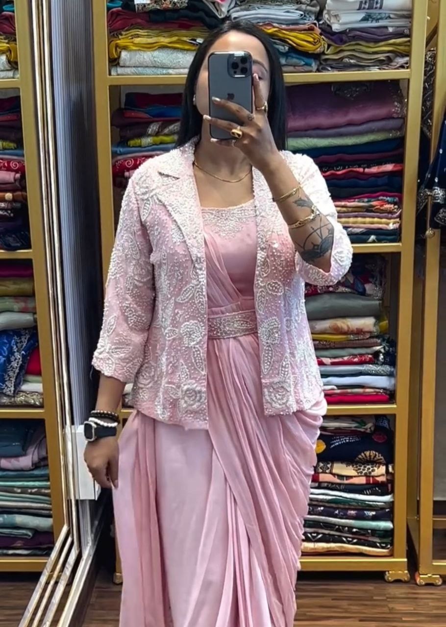 Fancy Designer Chinnon Solid Pre-Draped Saree Stitch Blouse Jacket Belt Set Sari