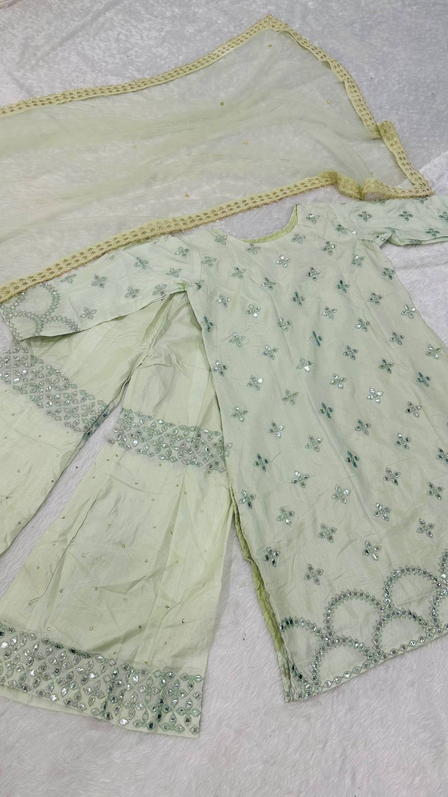 Beautiful Look Nylon Silk Beige Palazzo Suit With Dupatta For Women Party