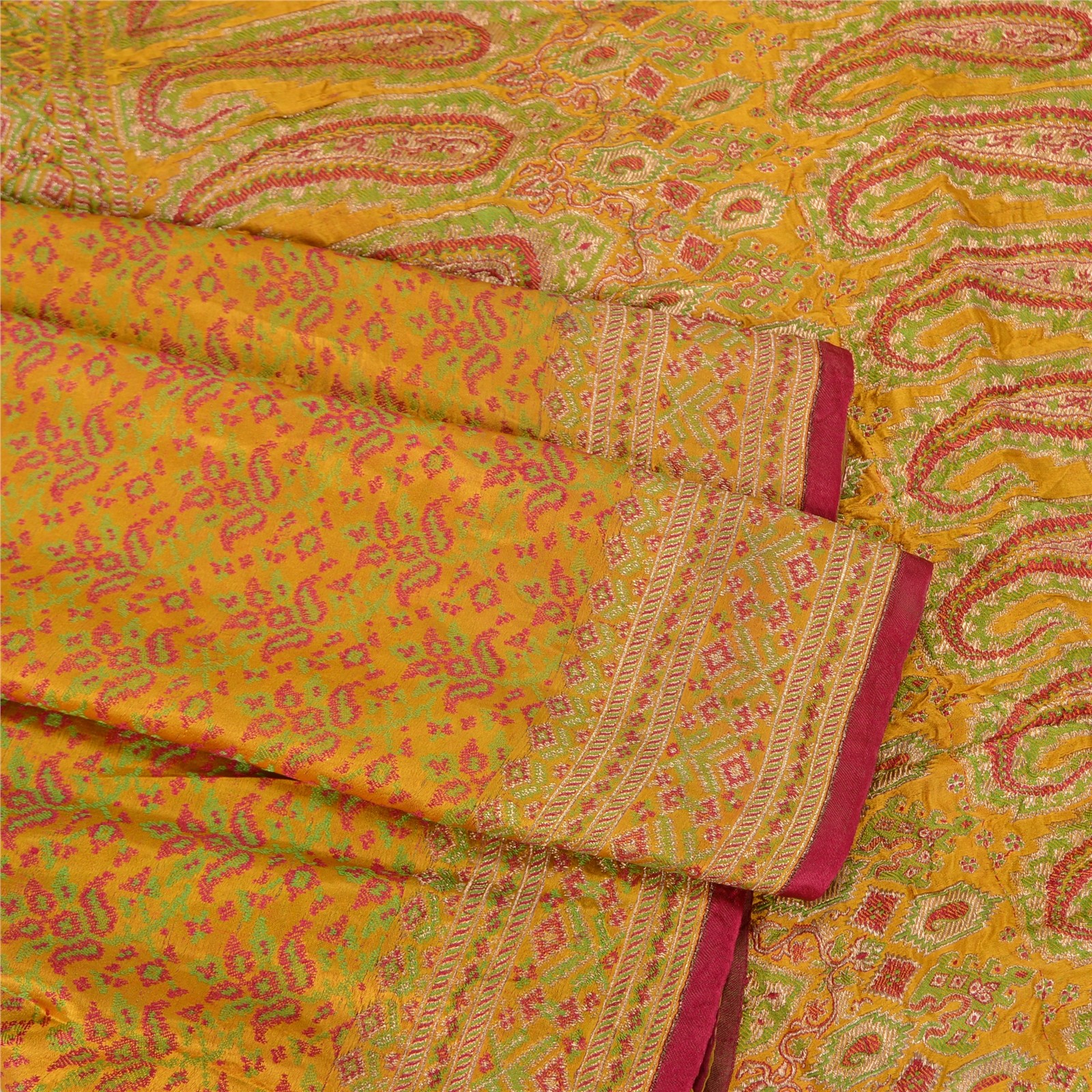 Sanskriti Vintage Saffron Sarees Pure Satin Woven Brocade/Banarasi Sari Fabric