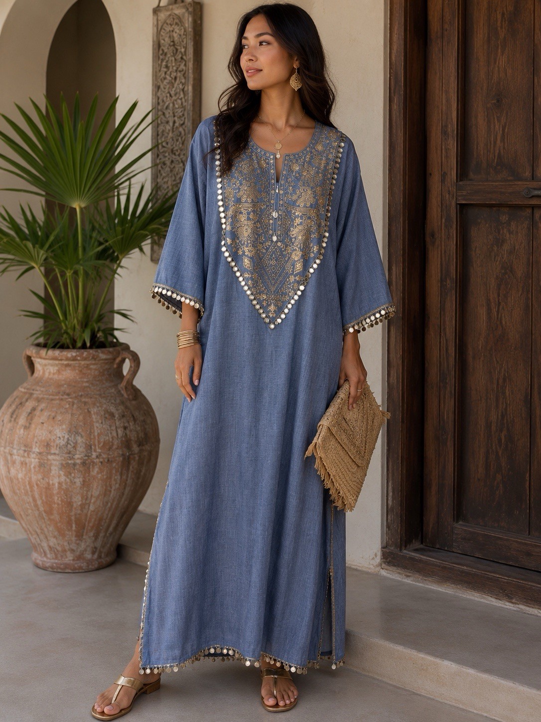 Diya Indian Denim Kaftan with Mirror Work Embroidered On Neck Size M 42 New
