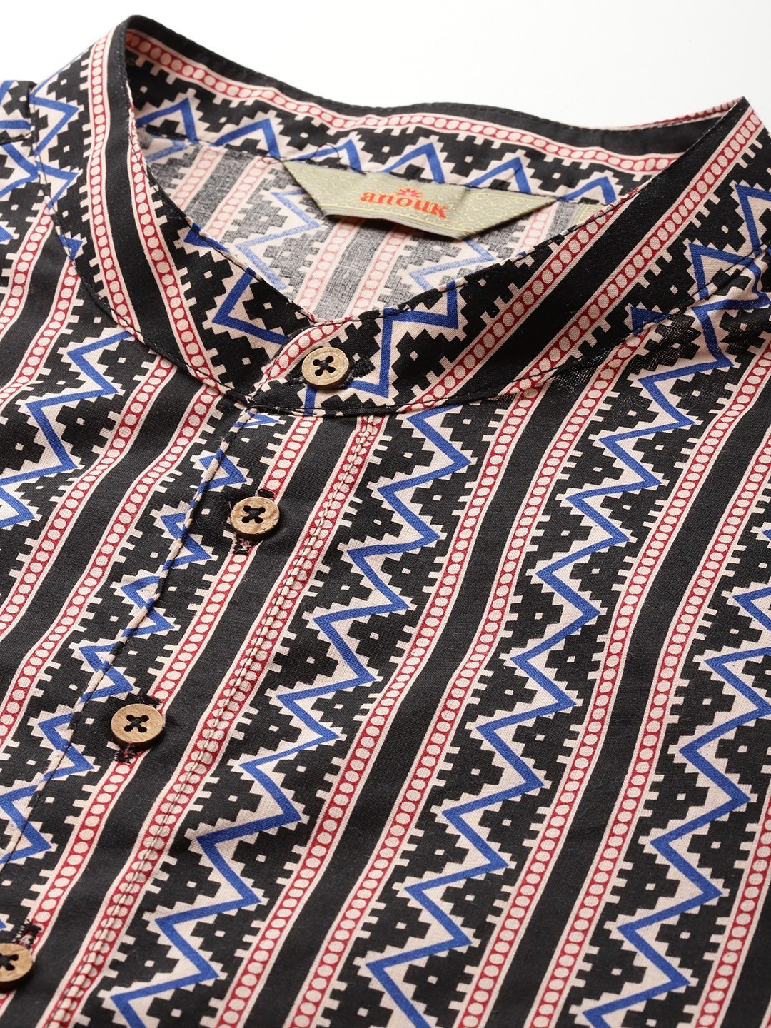 Men’s Black & Beige Printed Cotton Kurta – Geometric, Mandarin Collar – S to XXL